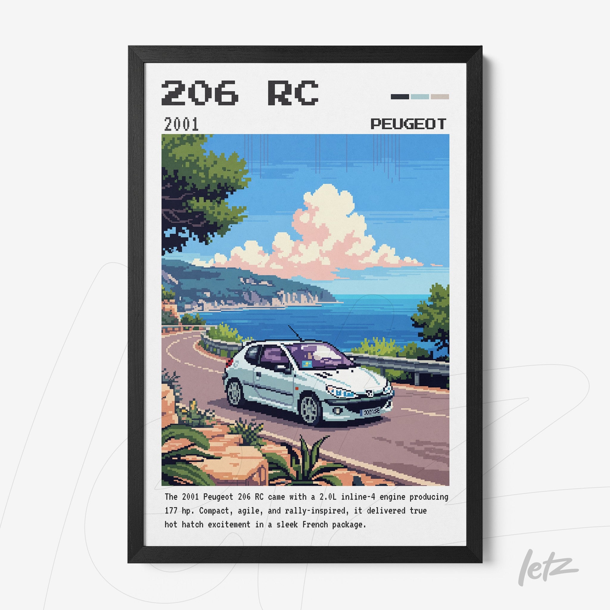 framed digital artwork of Peugeot 206 RC in a coastal setting, featuring black frame with green and blue accents