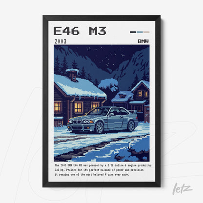 framed pixel art of a BMW E46 M3 in a winter scene with snow and a wooden house