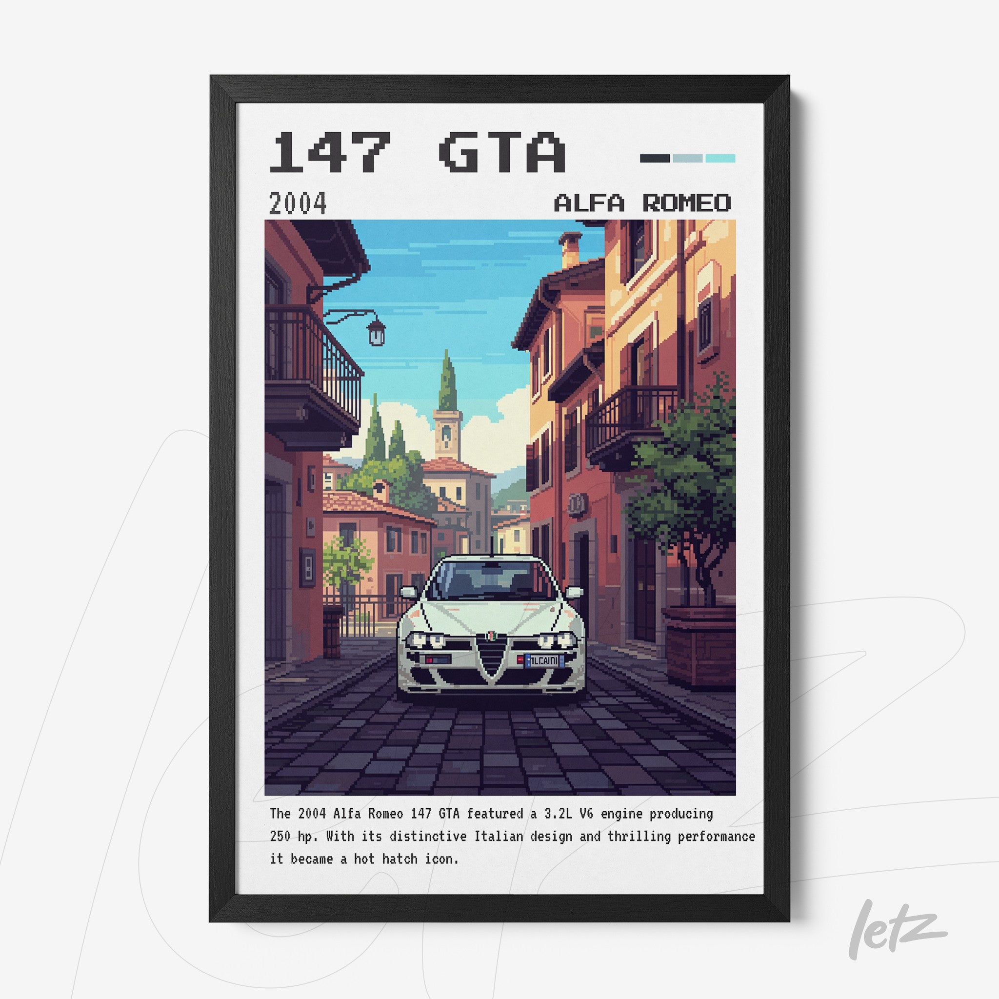 framed pixel art of Alfa Romeo 147 GTA on an Italian street featuring a black frame