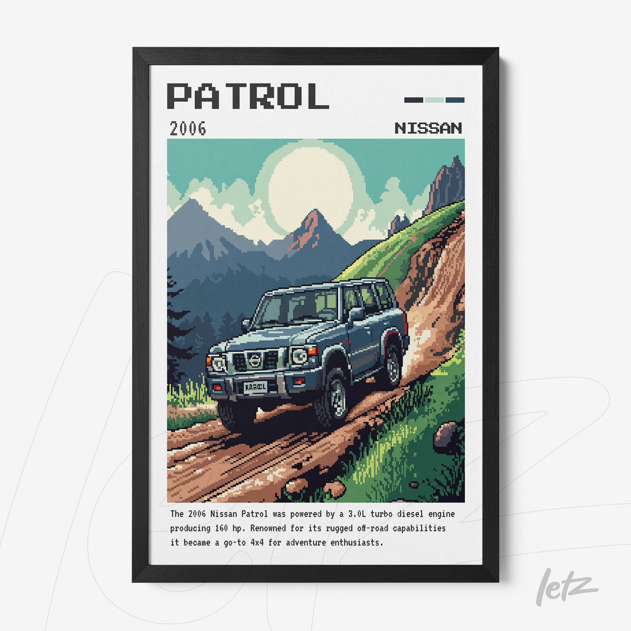 pixel art framed illustration of a 2006 Nissan Patrol on a dirt road with mountains in the background and black frame