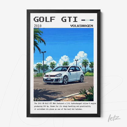pixel art print of Volkswagen Golf GTI with a black frame