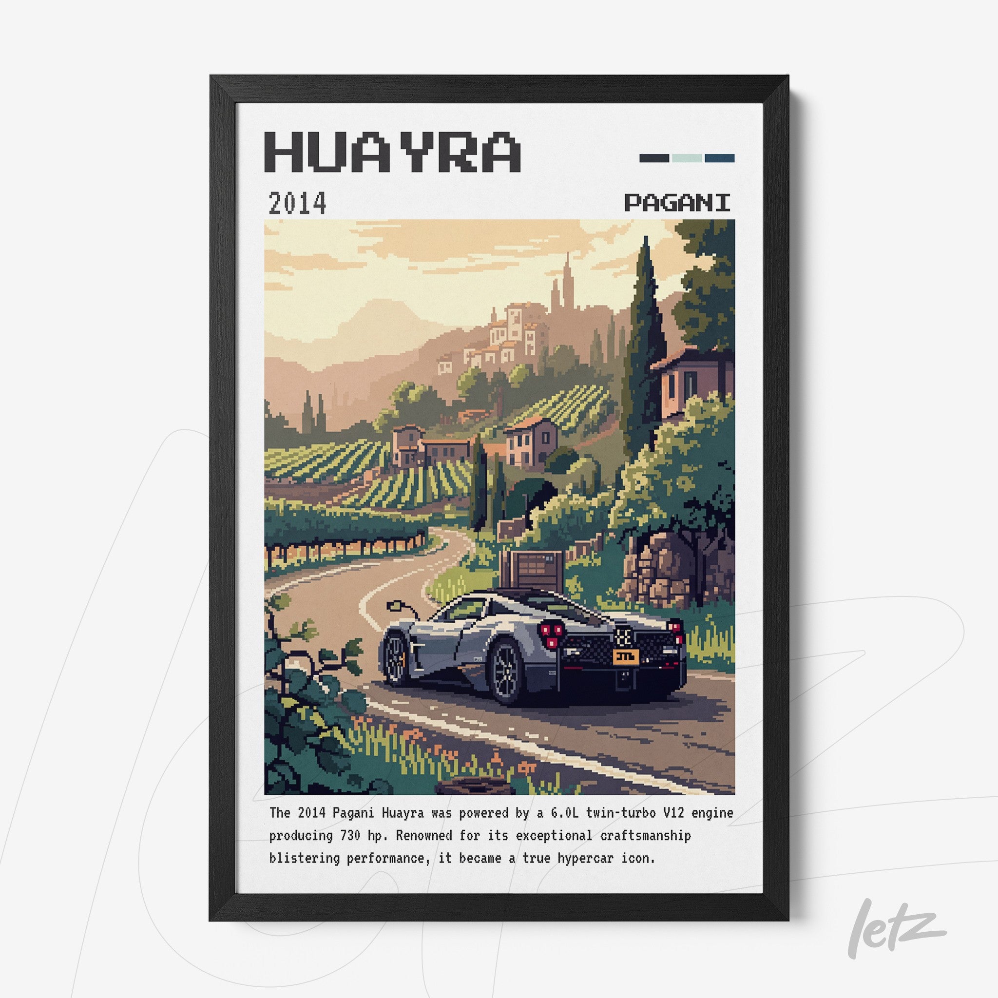 pixel art print of the Pagani Huayra supercar in an Italian countryside setting with vineyards in the background, framed in black