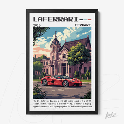 framed wall art featuring pixel art of the Ferrari LaFerrari car parked in front of a classic mansion