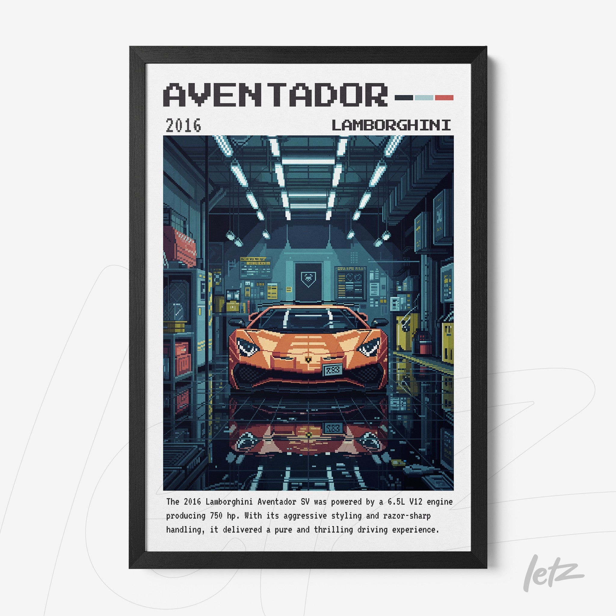 pixel art framed print of a Lamborghini Aventador in a garage setting with black frame
