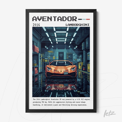 pixel art framed print of a Lamborghini Aventador in a garage setting with black frame
