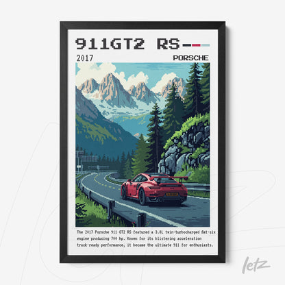 framed digital artwork featuring an illustration of the Porsche 911 GT2 RS on a mountainous road
