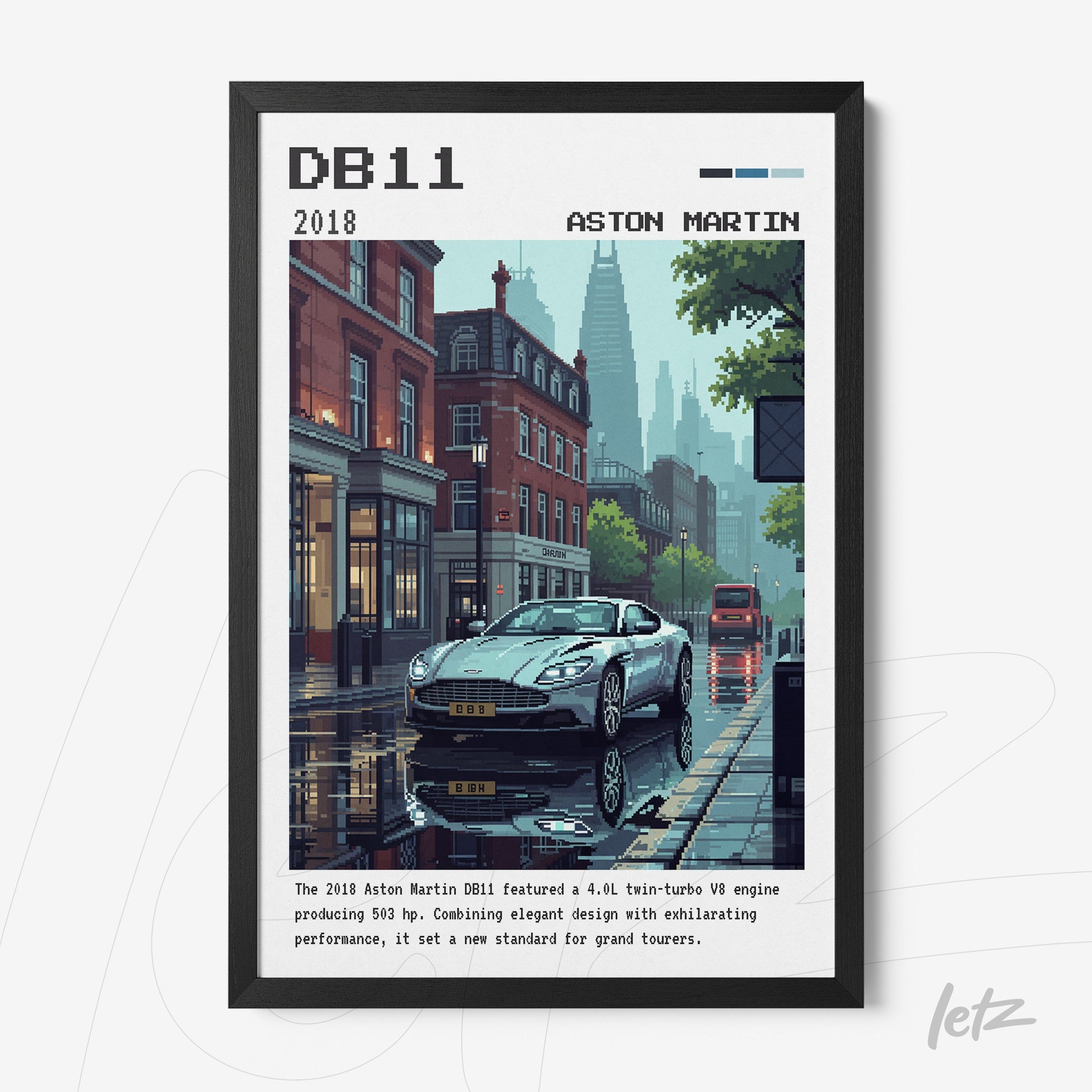 pixel art framed illustration of Aston Martin DB11 in rainy urban setting with black frame
