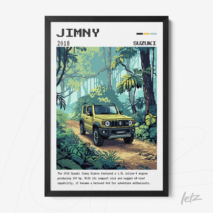 framed pixel art of a Suzuki Jimny vehicle in a lush tropical forest setting with vibrant foliage