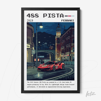 pixel art framed illustration of a ferrari 488 pista in a nighttime cityscape with vintage aesthetic