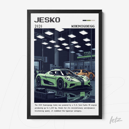 framed digital art of Jesko car displayed in a garage setting