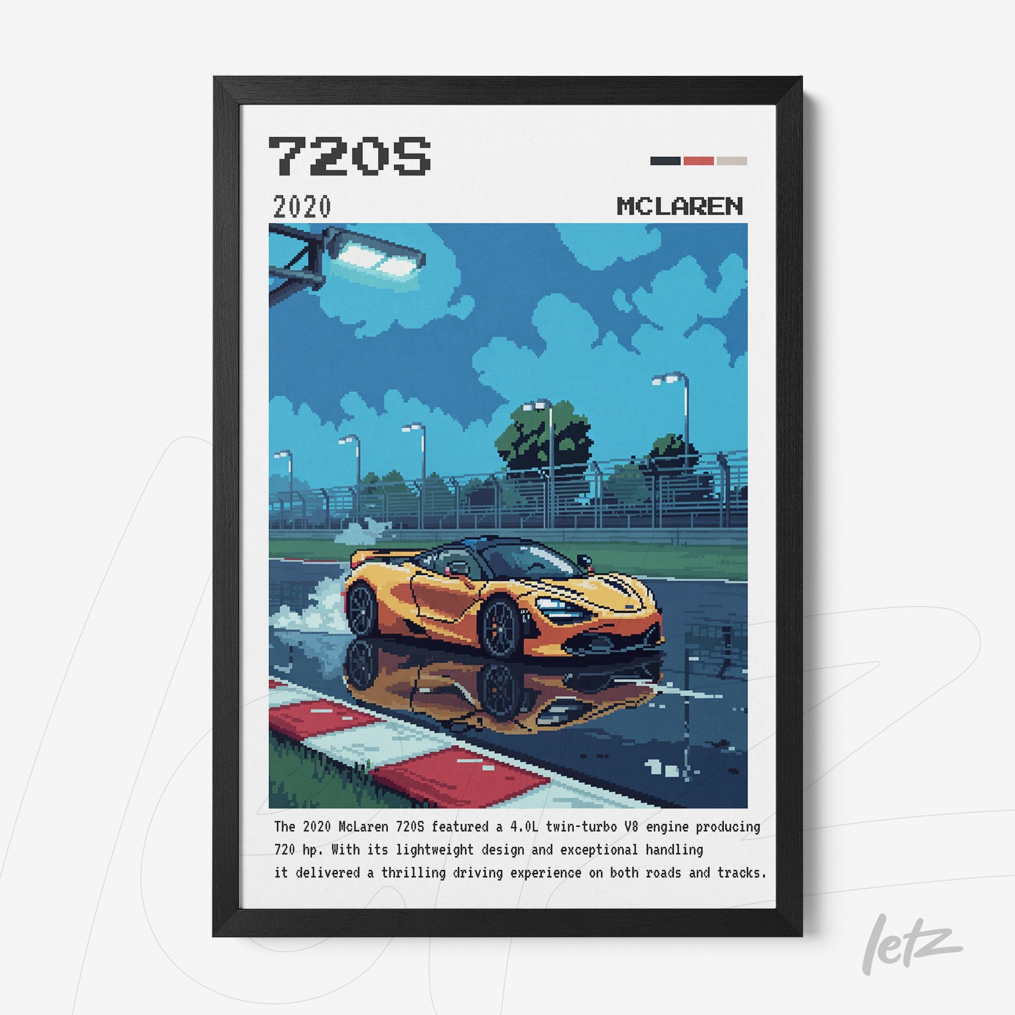 pixelated art print of McLaren 720S on wet track with reflection in black frame