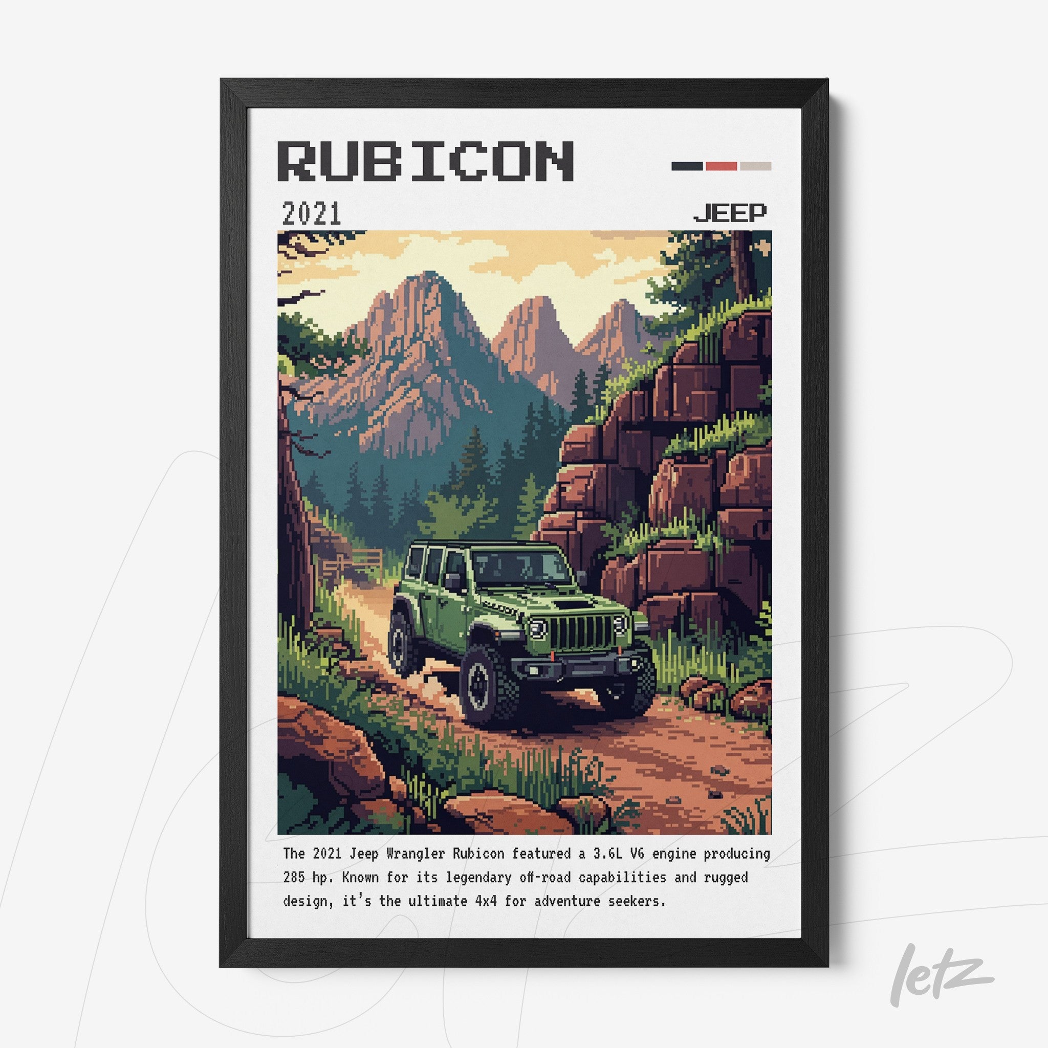 digital artwork featuring a 2021 Jeep Rubicon on a mountain trail, framed in black with a backdrop of green mountains