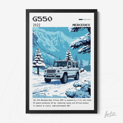 pixel art framed illustration of the 2022 Mercedes-Benz G550 in a snowy landscape with evergreen trees