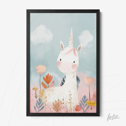 framed wall art featuring a cute unicorn in a colorful setting with flowers