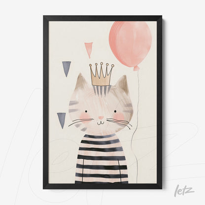 framed artwork featuring a playful striped cat wearing a crown and holding a pink balloon against a neutral background