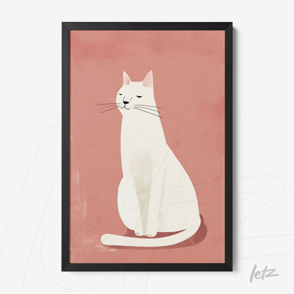 framed artwork featuring a minimalist illustration of a white cat sitting against a pink background