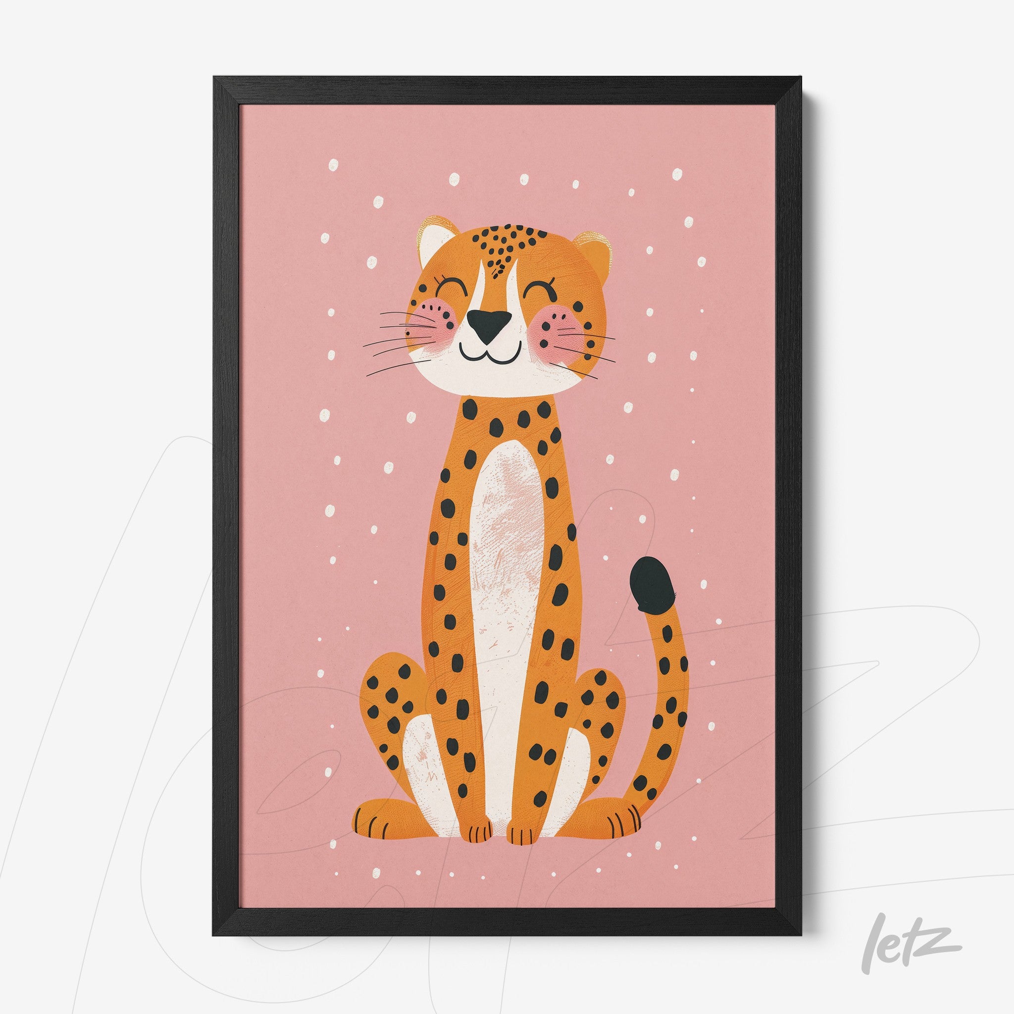 framed artwork of a smiling jaguar on a pink background with black frame
