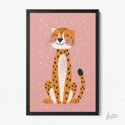 framed artwork of a smiling jaguar on a pink background with black frame