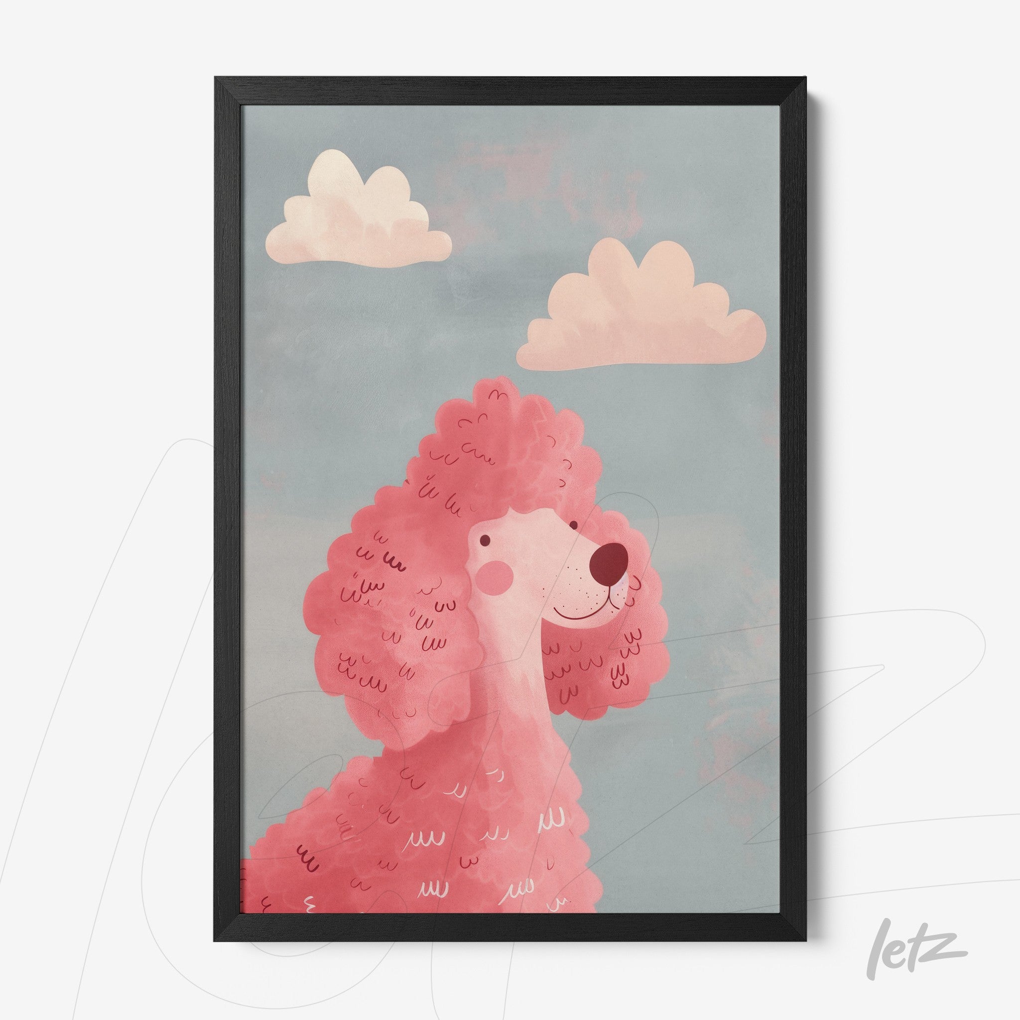 framed artwork featuring a playful pink poodle illustration against a blue background with soft clouds