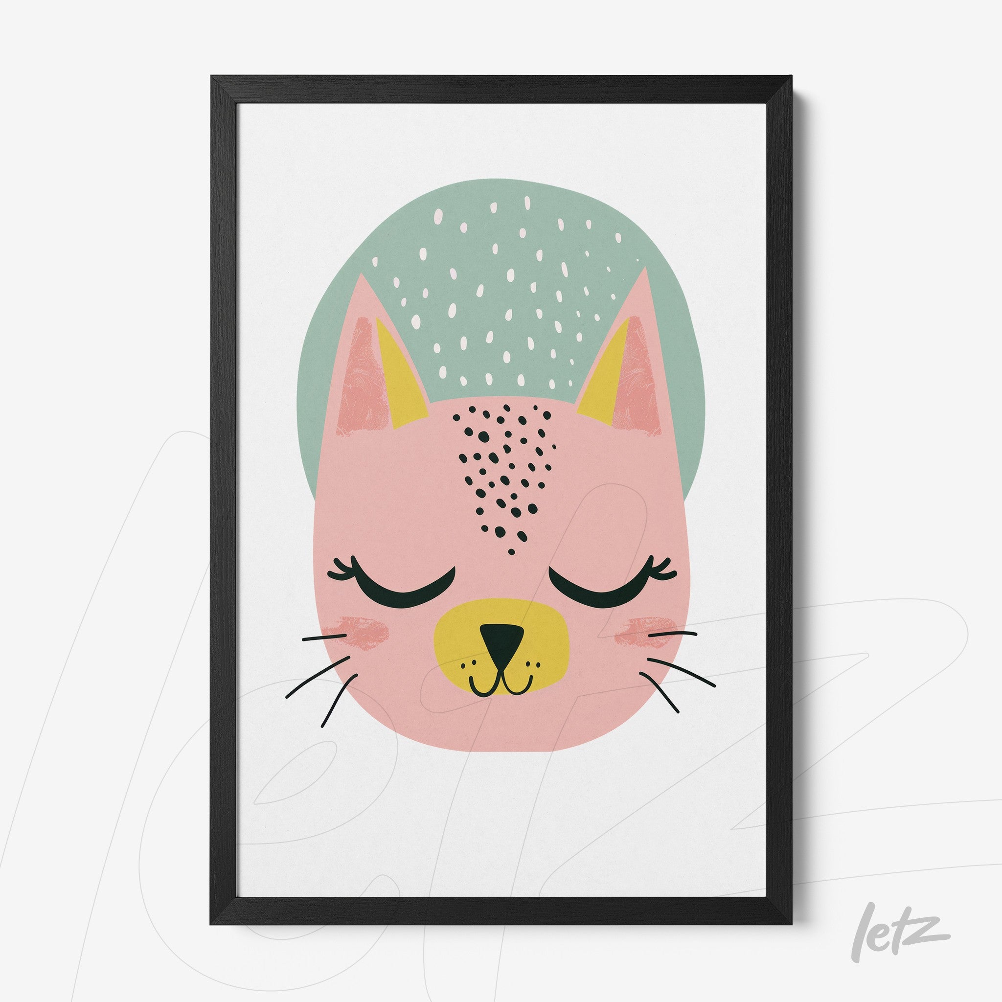 framed illustration of a pink cat with a green hat featuring a black dot pattern