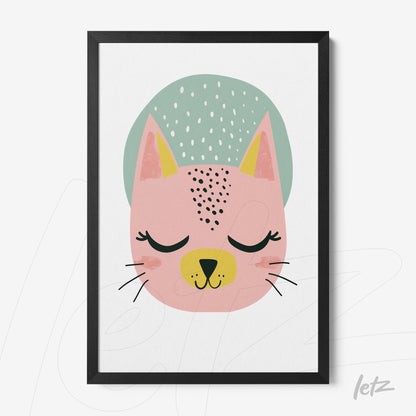 framed illustration of a pink cat with a green hat featuring a black dot pattern