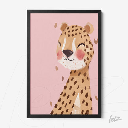 framed artwork of a smiling leopard on pink background with black frame