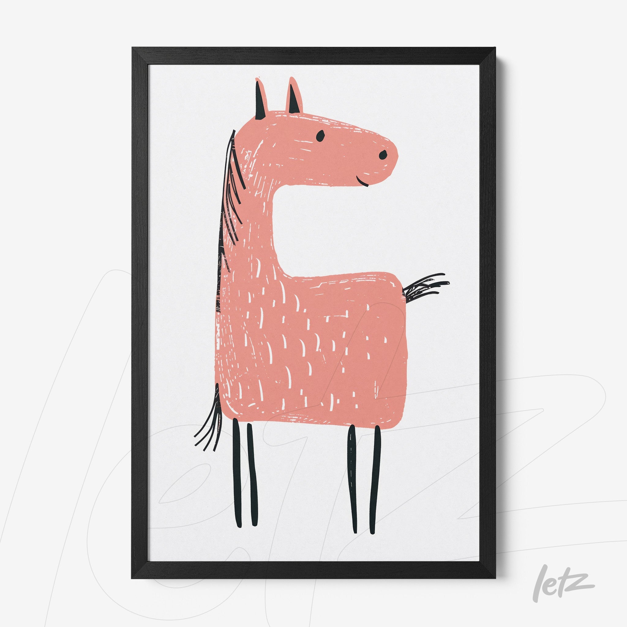 framed artwork of a pink horse illustration with black frame