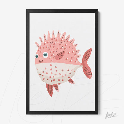 framed art featuring a playful pink pufferfish illustration with spikes and large eyes