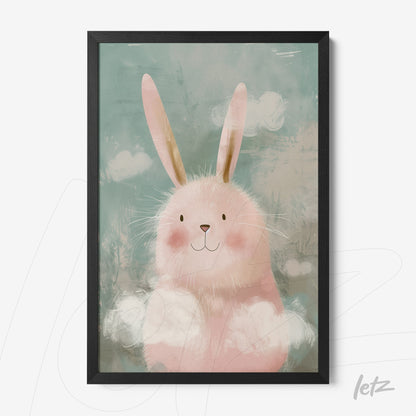 framed art of a cute bunny with a black frame, featuring a teal background with white clouds
