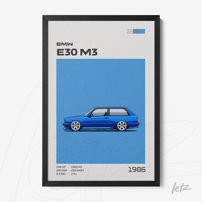framed artwork featuring the BMW E30 M3 illustration against a vibrant blue background with a black frame