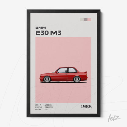 framed art featuring a red BMW E30 M3 illustration against a soft pink background with black frame