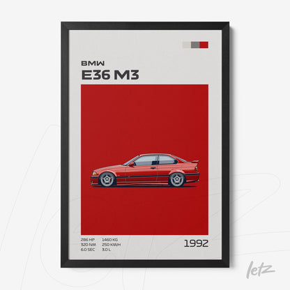 framed artwork featuring the BMW E36 M3 in red background with black frame