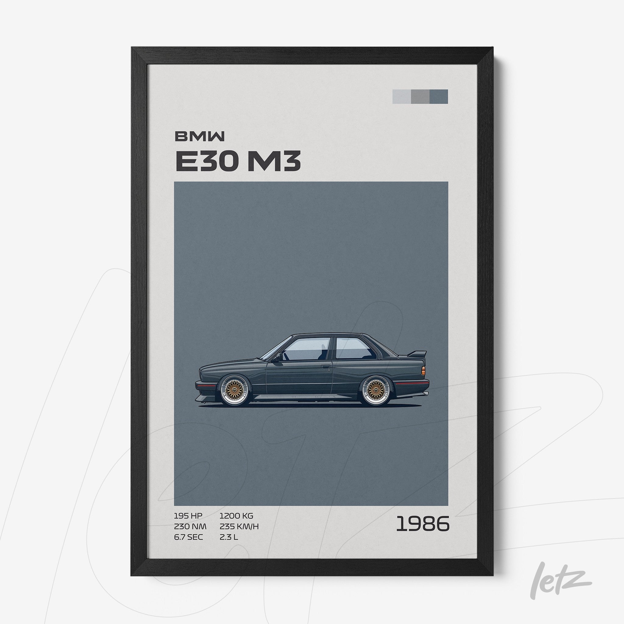 framed illustration of BMW E30 M3 with black frame and gray background