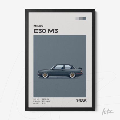 framed illustration of BMW E30 M3 with black frame and gray background