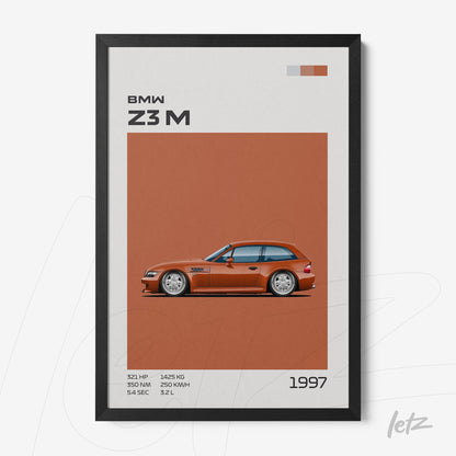 framed minimalist art of BMW Z3 M car with black frame and orange background