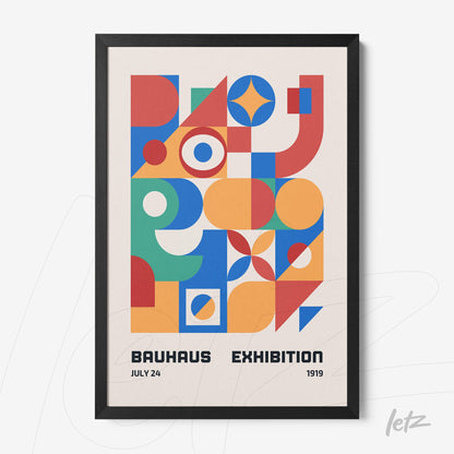 poster print featuring colorful geometric bauhaus style art in black frame