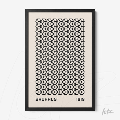 poster print featuring a black geometric pattern on a beige background with 'bauhaus 1919' text at the bottom, enclosed in a black frame