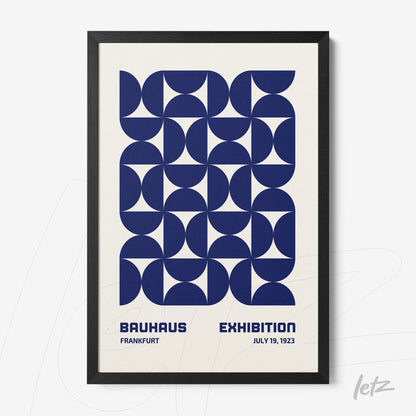 poster featuring blue geometric patterns and text referring to the 1923 Bauhaus exhibition in black frame
