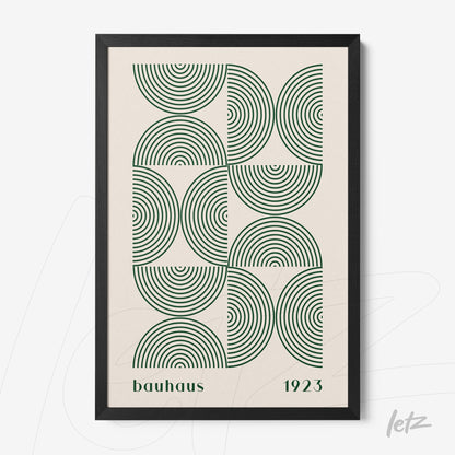 poster print featuring Bauhaus style geometric art with green concentric circles, framed in black