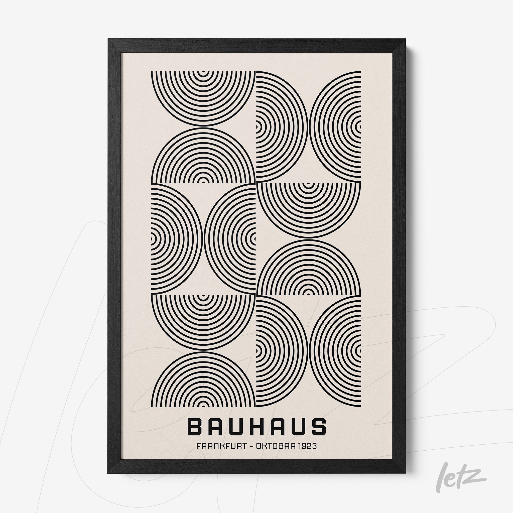 poster featuring geometric black and white graphic art with black frame