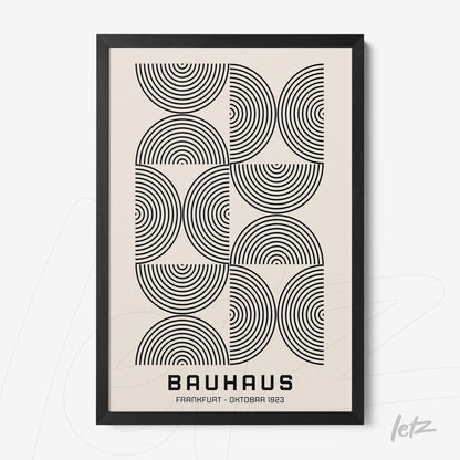 poster featuring geometric black and white graphic art with black frame