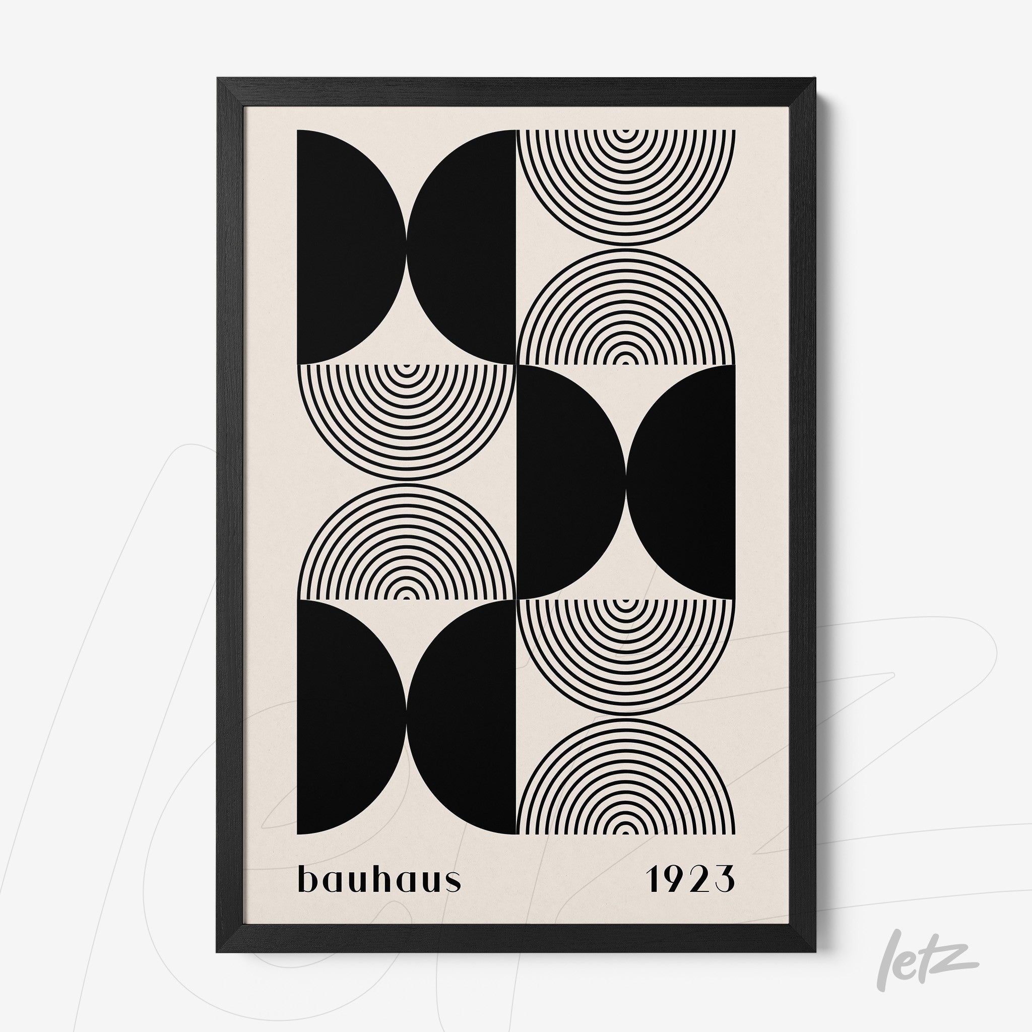 poster print featuring black and white Bauhaus style geometric art in a black frame