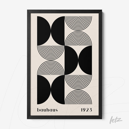 poster print featuring black and white Bauhaus style geometric art in a black frame