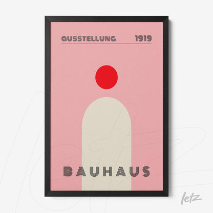 poster print featuring minimalist bauhaus style art with a pink background, red circle and geometric shapes, framed in black