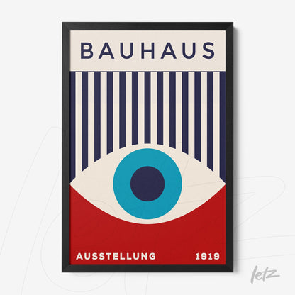 framed Bauhaus style art in blue, red, and white colors with black frame