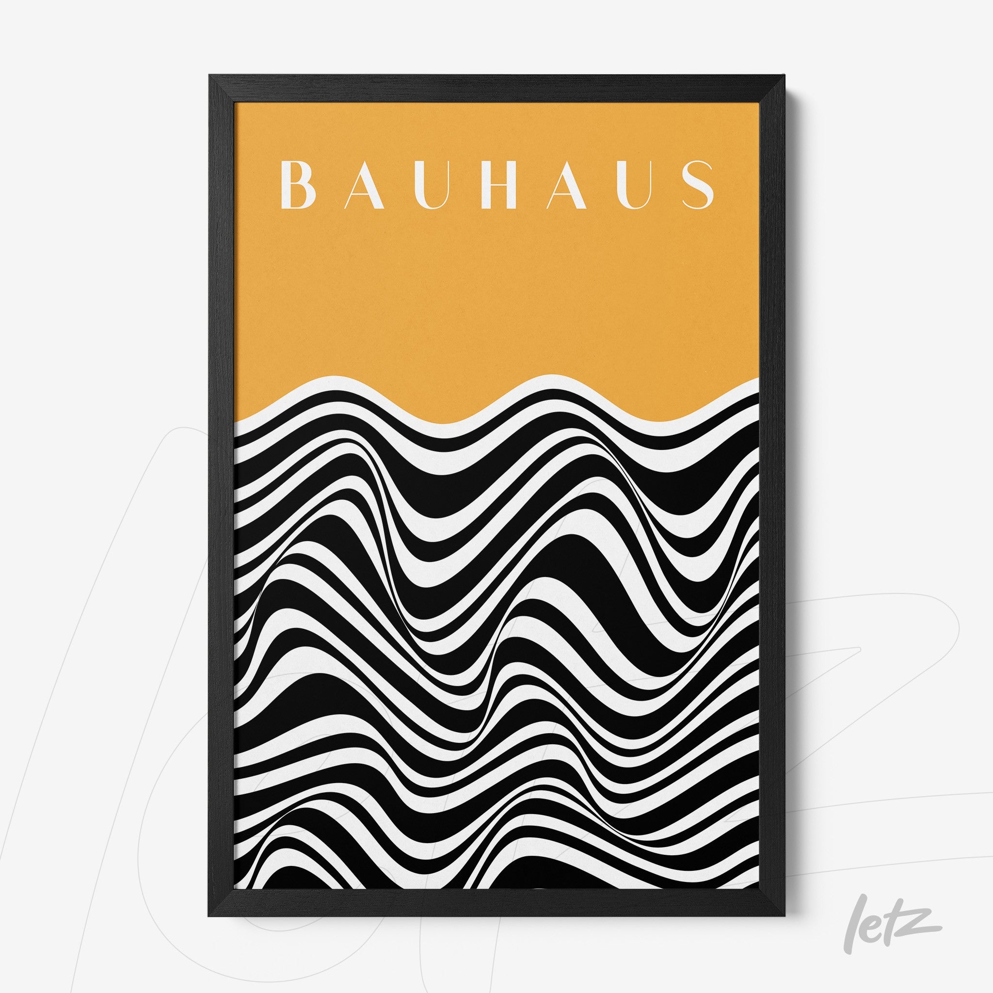 poster with abstract art inspired by the Bauhaus movement featuring wavy black and white lines on an orange background, framed in black