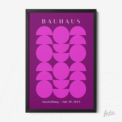 poster featuring geometric art in pink hues on a purplish background framed in black