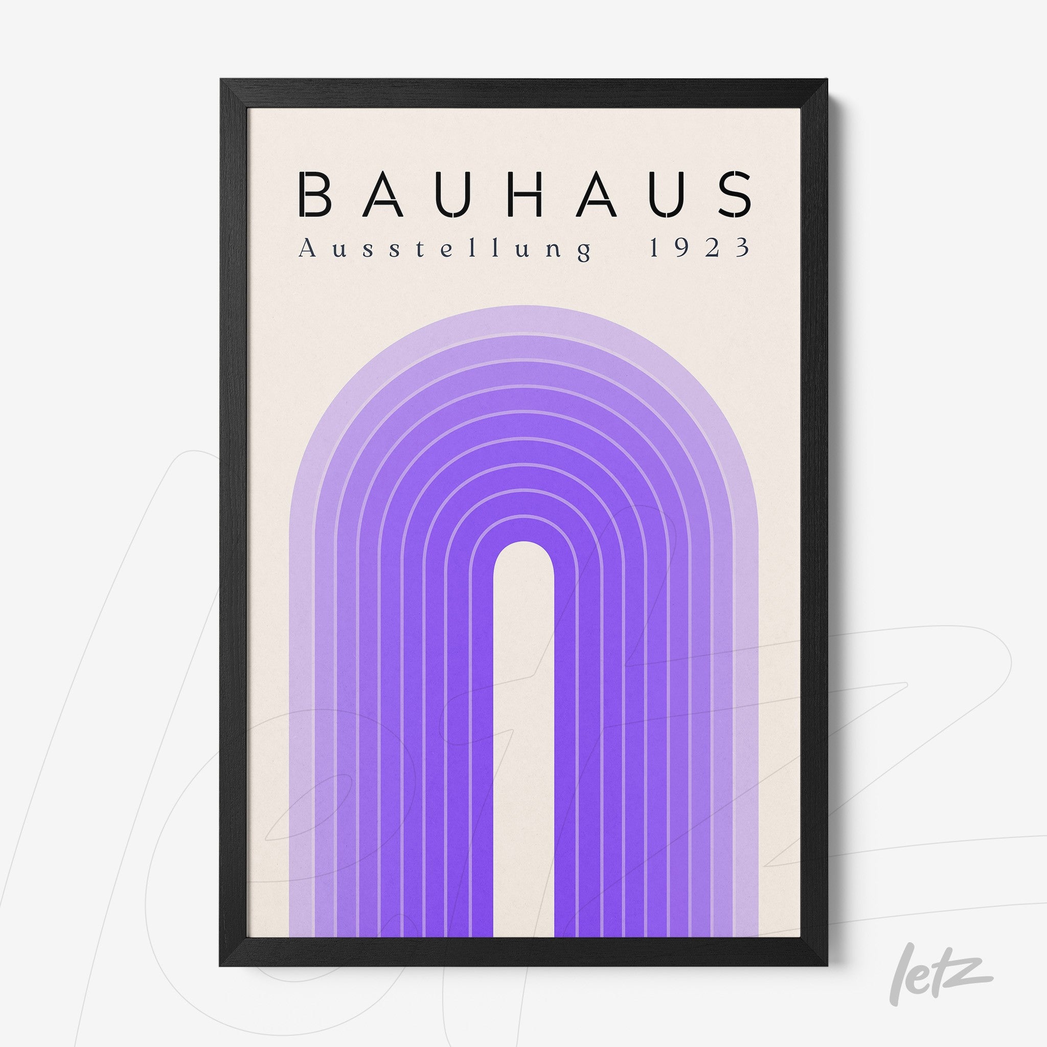 poster print featuring Bauhaus-inspired geometric design with concentric purple arches on a beige background, set in a black frame
