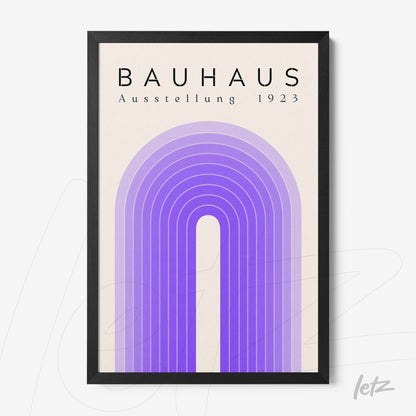 poster print featuring Bauhaus-inspired geometric design with concentric purple arches on a beige background, set in a black frame
