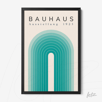 poster with a blue geometric arch illustration in a black frame